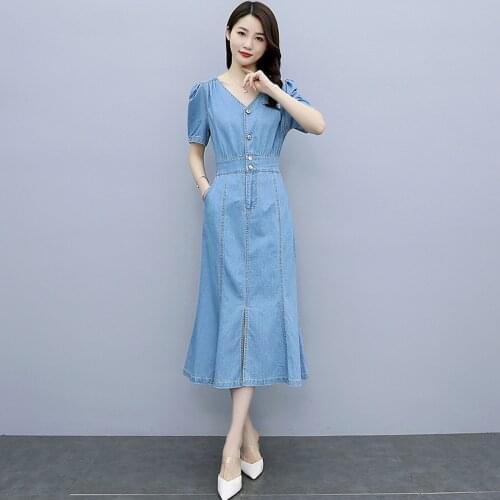 New Summer Style Women Dresses Retro V-Neck Collect Waist Slim Solid Hem Slit Trumpet Jeans For Females Mermaid Denim One-Piece