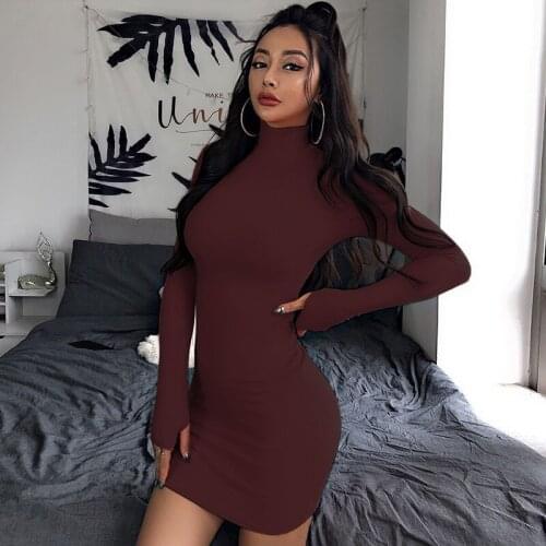 New Inside Joker Women Dress Autumn Winter Solid Color Half-high Collar Long Slim Dresses Female Sexy Pack Hip Fashion Vestidos