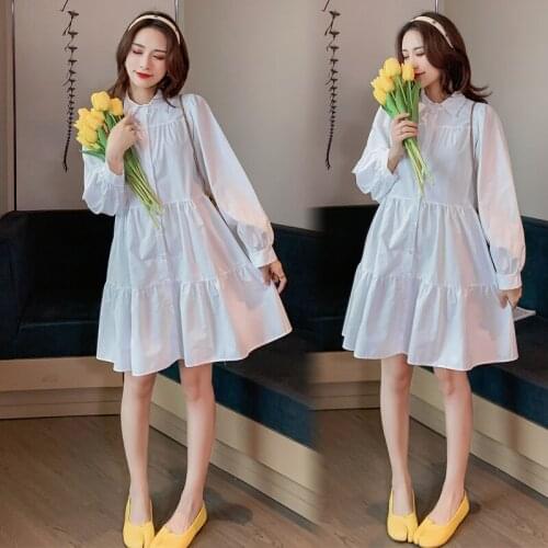 361# Maternity Dress Spring Autumn Cotton white Solid Color Long Sleeves Loose Stylish Dress for Pregnant Women Mom Shirts Dress