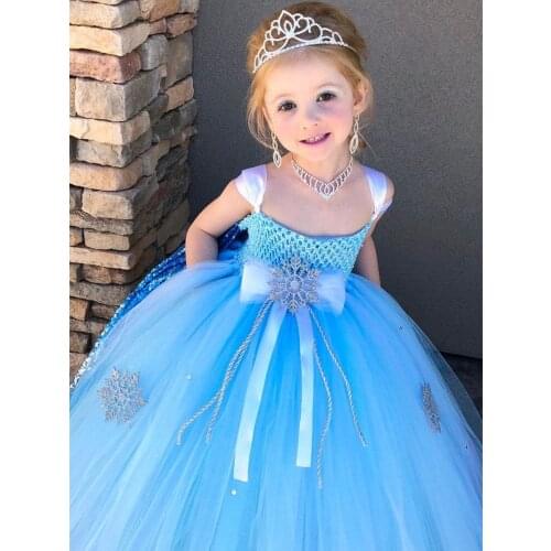 Girls White Snowflake Elsa Princess Dress Kids Blue Tulle Tutu Dress Ball Gown with Crown Children Party Costume Cosplay Dresses