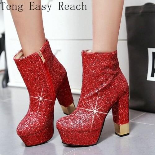 Sexy Platform Women Boots Fashion Sequined Square High Heel Ankle Boots Round Toe Zipper Autumn Winter Boots Woman