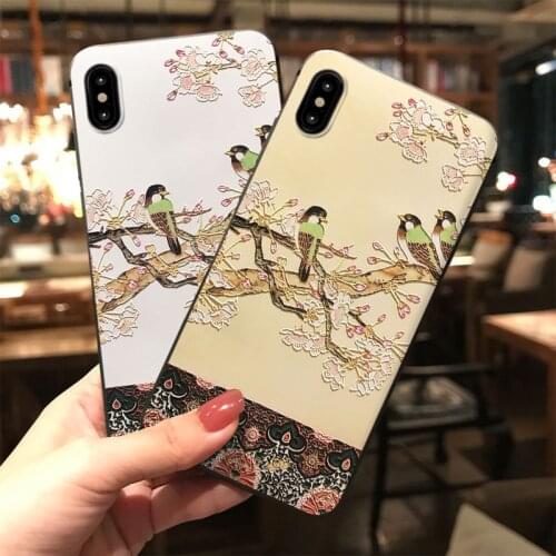 Bird Flower Phone Case for iPhone 11 12ProMax X XR XSMAX Coque Soft Embossed TPU Back Cover for iPhone 6 7 8Plus Cases Capa