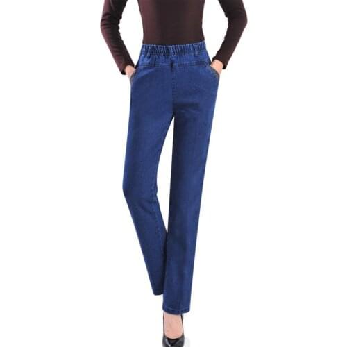 Mom Jeans 2020 Spring Autumn Embroidery Denim Pants Middle Aged Women High Waist Casual Straight Jeans Pants Size 29- 40