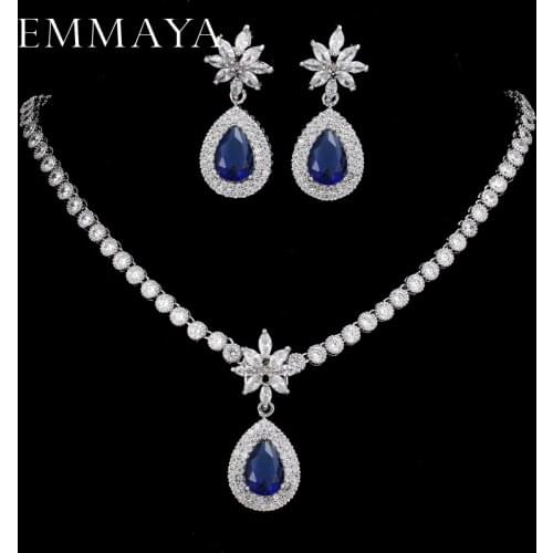 EMMAYA Luxurious CZ Stones High Quality Shiny Bride Jewelry Sets Blue Cz Necklace + Earrings