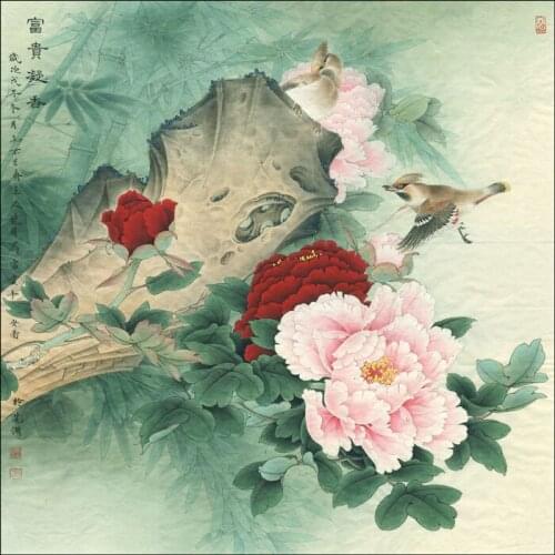 Chinese peony flower rockery birds scenery oil painting canvas printings printed on canvas home wall art decoration picture