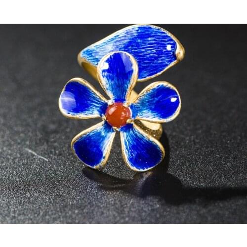 100%925 sterling silver ring cloisonne roasted blue craft jewelry