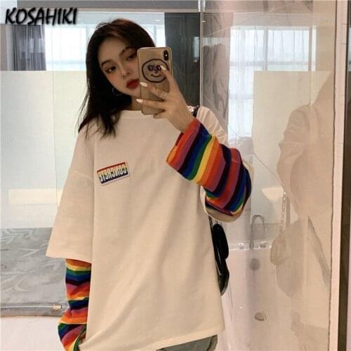 KOSAHIKI Fake Two Peices Long Sleeve T-shirt Women Rainbow Striped Patchwork Spring Summer Tops Tshirt Harajuku Streetwear Tee