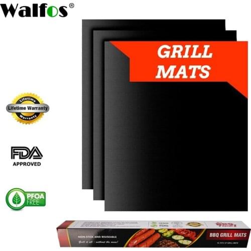 WALFOS 3 pieces Reusable BBQ Grill Mat Pad Sheet Hot Plate Portable Easy Clean Nonstick Bakeware Cooking Tool BBQ Accessories