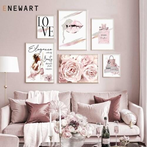 Makeup Pink Lips Fashion Poster Print Perfume Canvas Painting Trendy Artwork Picture Beauty Salon Women Room Decoration