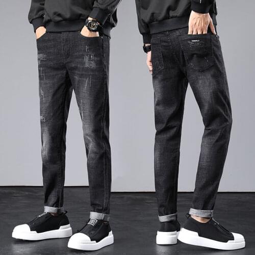 2021 spring and autumn new mens plus size casual pierced self-cultivation youth jeans trend