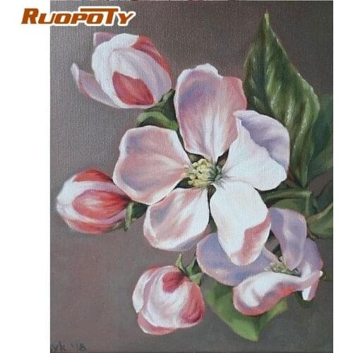RUOPOTY Pink White Flower Oil Painting By Numbers For Adults Children HandPainted 60x75cm Frame Acrylic Paint Drawing Canvas Art