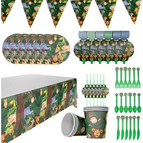 Jungle Animal Disposable Party Tableware Sets for Kid Birthday Party Decor Plate Cup Tablecloth Safari Party Supplies BabyShower