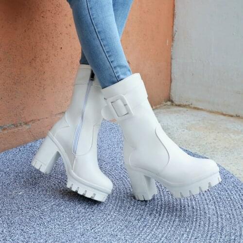 Autumn Winter New Fashion Ladies Mid-Tube Boots Belt Buckle Zipper Womens Boots Square High Heel Round Toe Womens Shoes