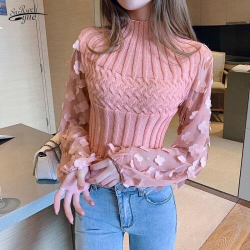 Autumn and winter women short solid color sweater top women tide new sweater long-sleeved chiffon lantern-sleeved sweater 16264