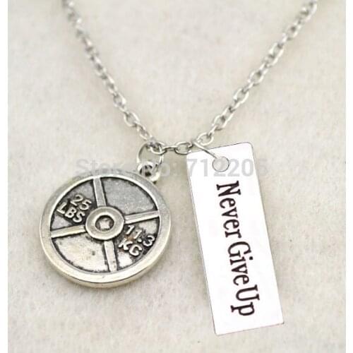 Fitness Weightlifting antique silver 10pcs Vintage Circle 25LBS 11.3KG Weight Plate and Never Give Up Gym necklace