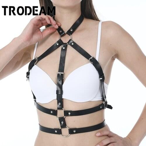 TRADEME Fashion Women PU Leather Harness Bra Belts Sexy Women Fetish Chest Lingerie Body Bondage Cage Gothic Bra Garters