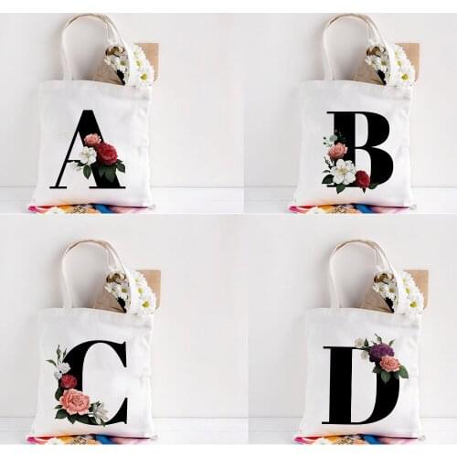 Cartoon Flower English Alphabet Harajuku Women Canvas Shoulder Bag Graphic Shopping Bags 90s Fashion Ulzzang Kawaii Handbags