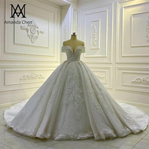 High Quality Custom Made Off Shoulder Lace Applique Crystal Wedding Dress