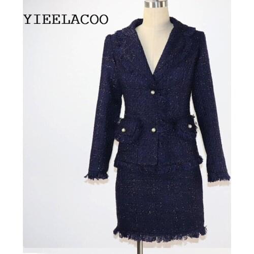 Dark blue Tweed women Jacket +skirt suit Spring / Autumn womens jacket 2 piece shorts suit Burr ladies jacket coat