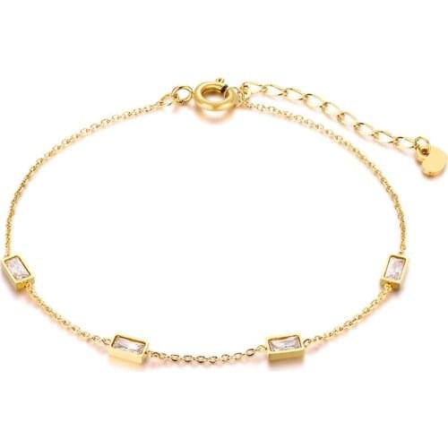 Thin Chain Bracelets Cubic Zirconia CZ Stone Stainless Steel Link Bracelet Bangle