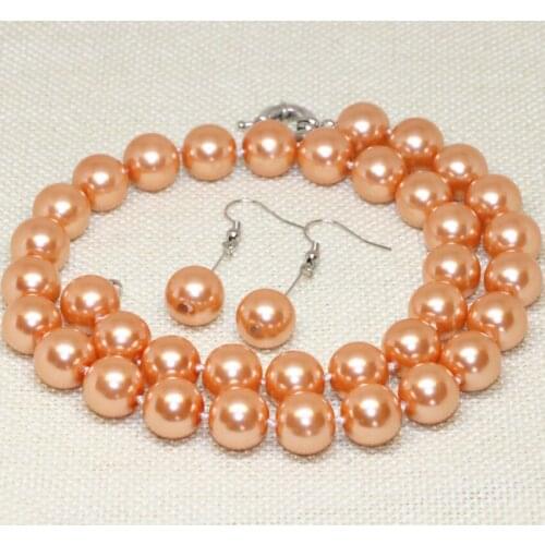 Free shipping high grade 12mm simulated-pearl shell round beads orange earrings necklace set women fashion jewelry 18inch B2328