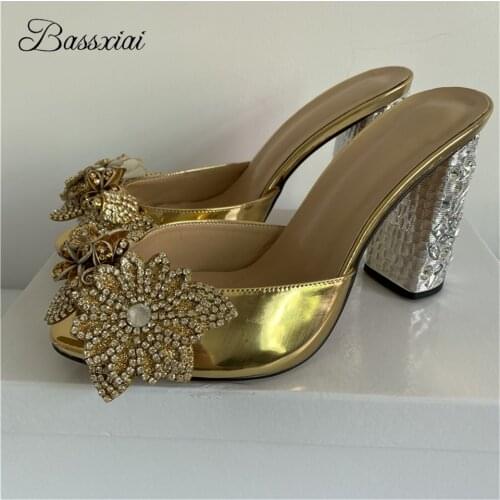 Jeweled Crystal Flower Banquet Shoes Woman Diamond High Heel Sexy Open Toe Patent Leather Slingbacks Rhinestone Sandals Women