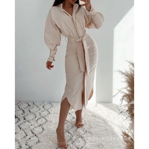 Dress Women Autumn Fashion Elegant Office Casual Loose Sashes Long Sleeve Half High Collar Mid-calf Solid Mujer De Moda Vestidos