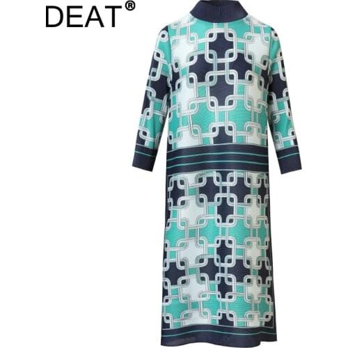 DEAT Women Pleated Dress Hit Color Turtleneck Seven Sleeve Elastic Waist Vintage Style Elegant 2021 New Autumn Fashion 15JK453