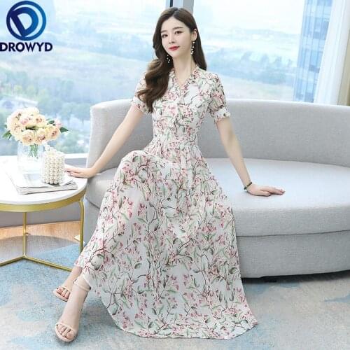 Fashion New Floral Print Maxi Dress 2021 Summer Short Sleeved V-neck Elegant Dresses for Women Beach Long Chiffon Party Vestidos