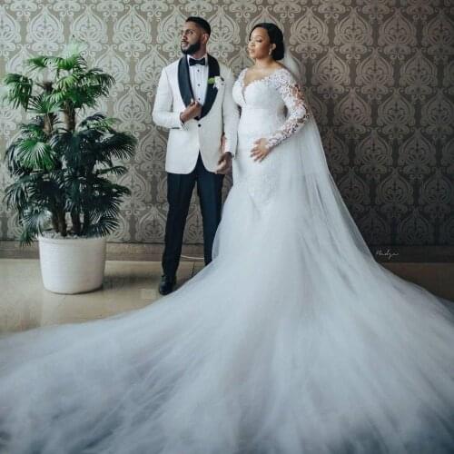 Mermaid Wedding Dresses 2022 Plus Size Court Train Sheer O Neck Long Sleeves Bridal Gowns Appliques Lace Tulle Designer Lady