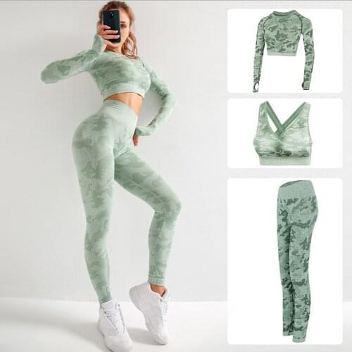 3pcs Workout Clothes for Women Yoga Set High-waisted Seamless Leggings Long Sleeve Camouflage Casual Laying Sports Gym Sets