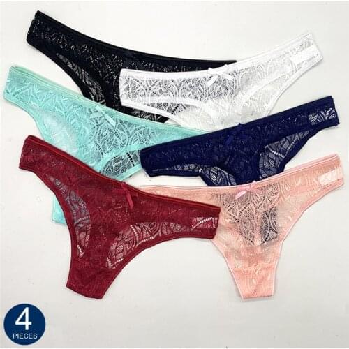 4 Pcs Women Thong 2022 New Sexy Transparent Lace G-string Panties Underwear Lift Buttocks Low Waist Seamless