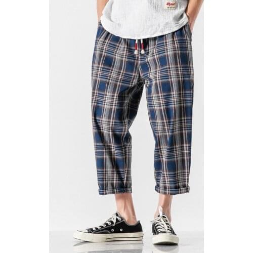 Spring Autumn Pants 2021 New Distressed Washed Plaid Nine-points Imitation Cotton Linen Look Thin Loose Men Trousers Streetwear