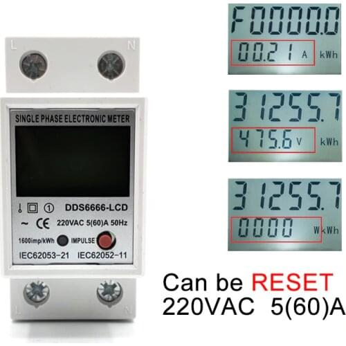 Din Rail Digital LCD Single Phase Electric Energy Meter kWh Power Consumption Meter Wattmeter Electronic AC 220V 60A Reset Zero