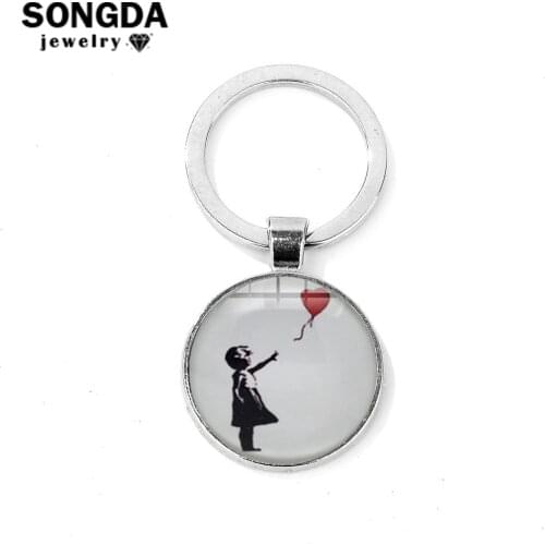 SONGDA Artist Banksy Graffiti 'Girl with a Balloon' Keychain Famous Painting Glass Round Pendant Ornament for Bag Phone Key Ring
