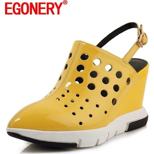 EGONERY Women summer New Style Slope Heel Sandals Pointed Toe Solid color Mature soft ventilation hollow Patent Leather
