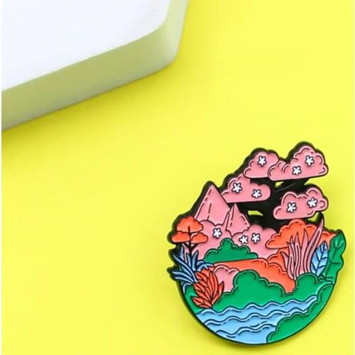 Beautiful scenery Enamel Brooch River trees and grass flowers mountain Lapel Pin Fashion creative Badge