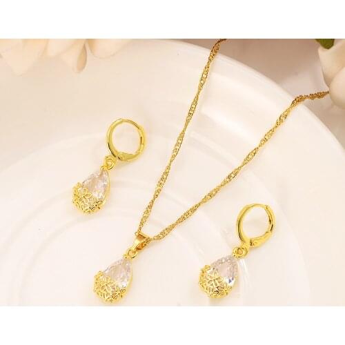 Gold cz flower Jewelry Set Women Charms Jewelry Girls white stone pendant necklace earrings wedding bridal party gifts