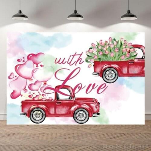 Red Car Of Rose Flowers Love Wedding Backdrop Photography Valentines Day Lady Portrait Dinner Table Decor Background Photo