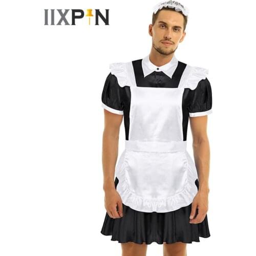 Men Sissy Maid Cosplay Costume Outfit Crossdressing Maid Dress With Apron Headband Sexy Maid Uniform Carnival Roleplay Costume