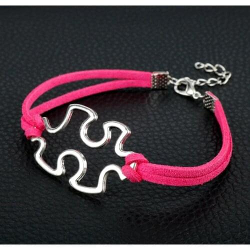 New Arrivals Girls Womens Bracelet Leather Rope Puzzle Charm Wristlet Autism Awareness Jigsaw Bracelet Gift