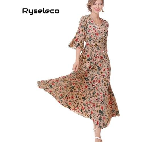 Ryseleco Women Floral Prints Chiffon Maxi Long Dresses Female Elegant Chic Half Flare Sleeve Belt Ties Flare Dress Swing Vestido