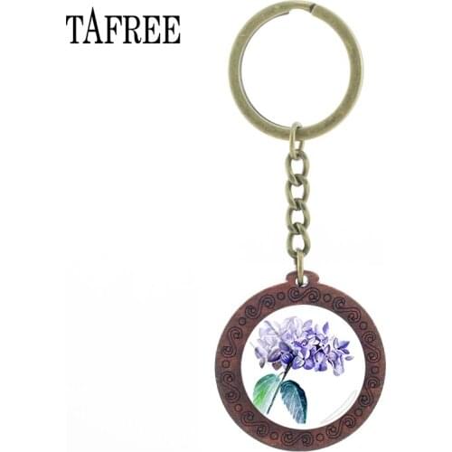TAFREE Beautiful Flower Carnation Art Paintings Wooden Keychain Hyacinth Glass Cabochon Pendent Key Chain Key Accessories FS64