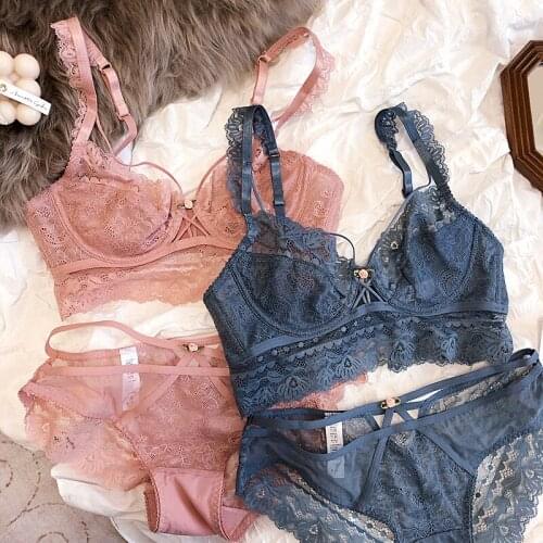 Wriufred Ultra-thin lace bralette transparent steel ring large size lingerie set sexy flower exquisite fairy underwear set