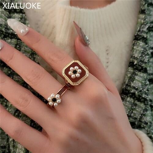 XIALUOKE Fashion Metal Open Pearl Flowers Ring For Women Retro Elegant Epoxy Lady Ring Jewelry Accessories Gift 6665