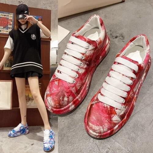 2021 New Color Trend Graffiti Platform Flat Lace-up Women White Sneakers Latex Round Toe Chunky Shoes Women Summer Outdoor Shoes