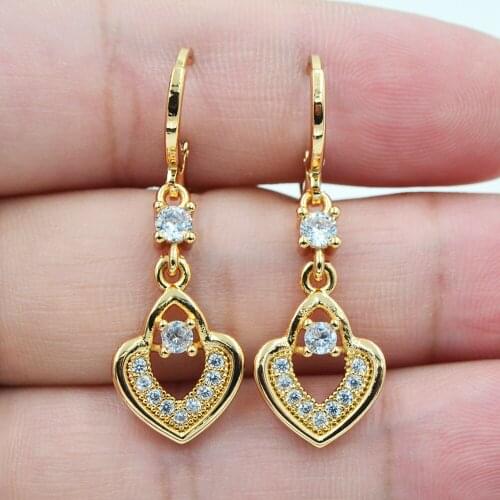 AAA+ Cubic Zirconia Gold Color Fashion Women Clear CZ Love Heart Drop Earrings Jewelry