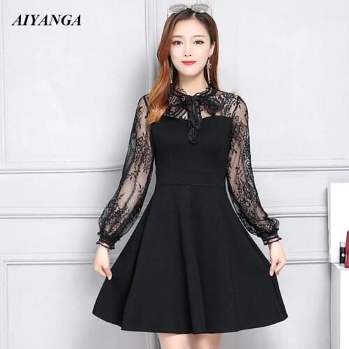 New Lace Dress 2019 Spring Summer Short Dresses Patchwork perspective Mesh Long Sleeve Dress Female Elegant Lady M L XL 2XL 3XL