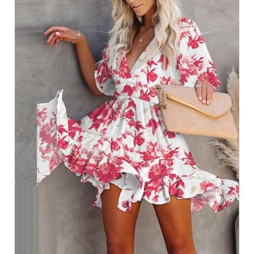 Summer Sexy Deep V-Neck Party Dress Lady Summer Elegant Floral Print Fashion Button Casual Short Sleeve Ruffle Retro Beach Dress