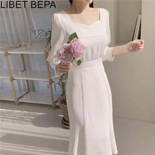 2021 New Women Summer Dresses Casual Square Collar High Waist Three Quarter Trumpet Elegant Lace Up Vintage Long Dress DR3169